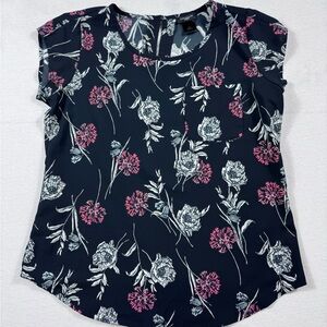 Ann Taylor Petite Floral Blouse Navy Pink White Pocket Top Cap Sleeve XSP